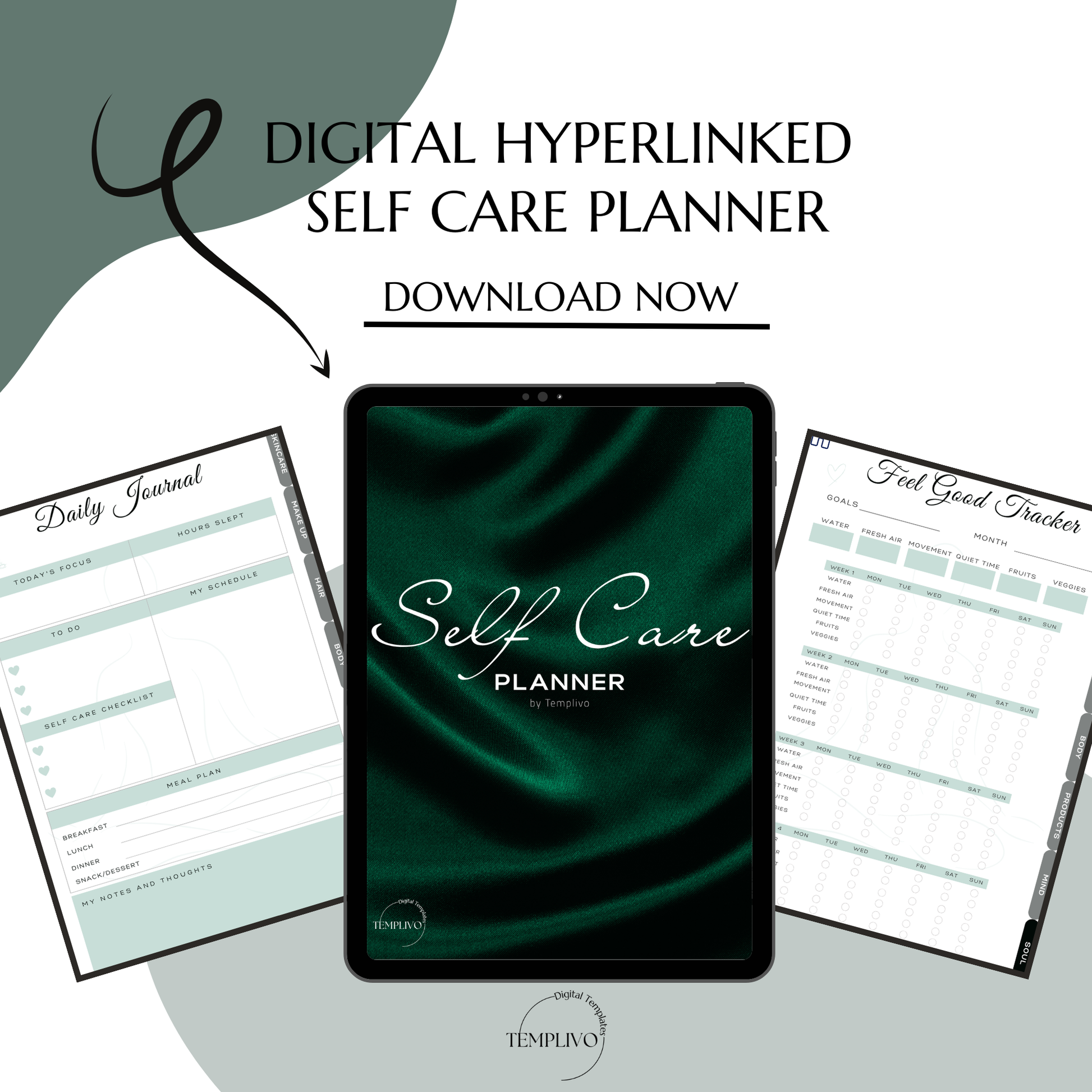 Digital Planner, self care planner, hyperlinked digital planner, self care, planner in emerald green, Planer, Selbstfürsorge, Selbstliebe, self-love planner, pdf download