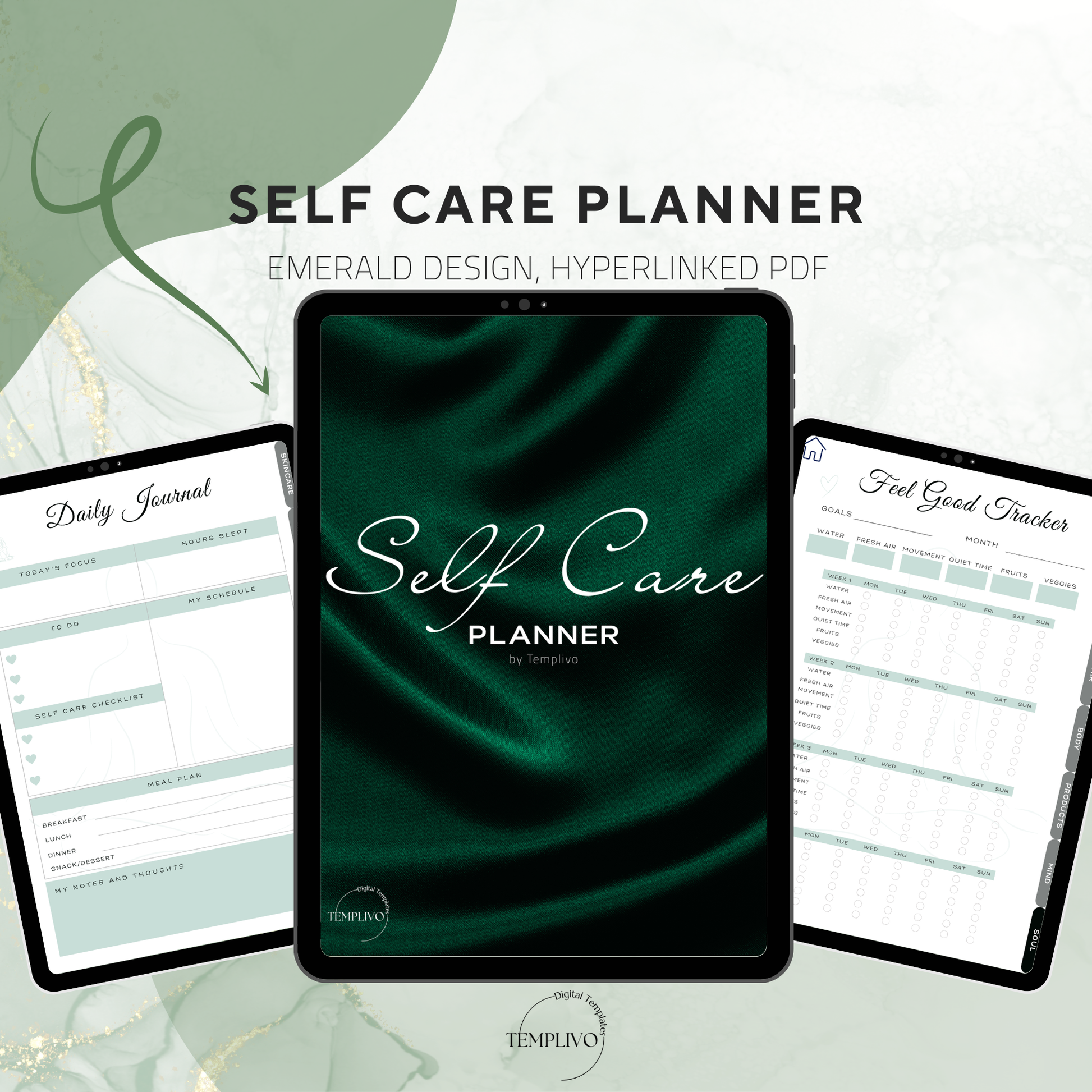 Digital Planner, self care planner, hyperlinked digital planner, self care, planner in emerald green, Planer, Selbstfürsorge, Selbstliebe, self-love planner, pdf download