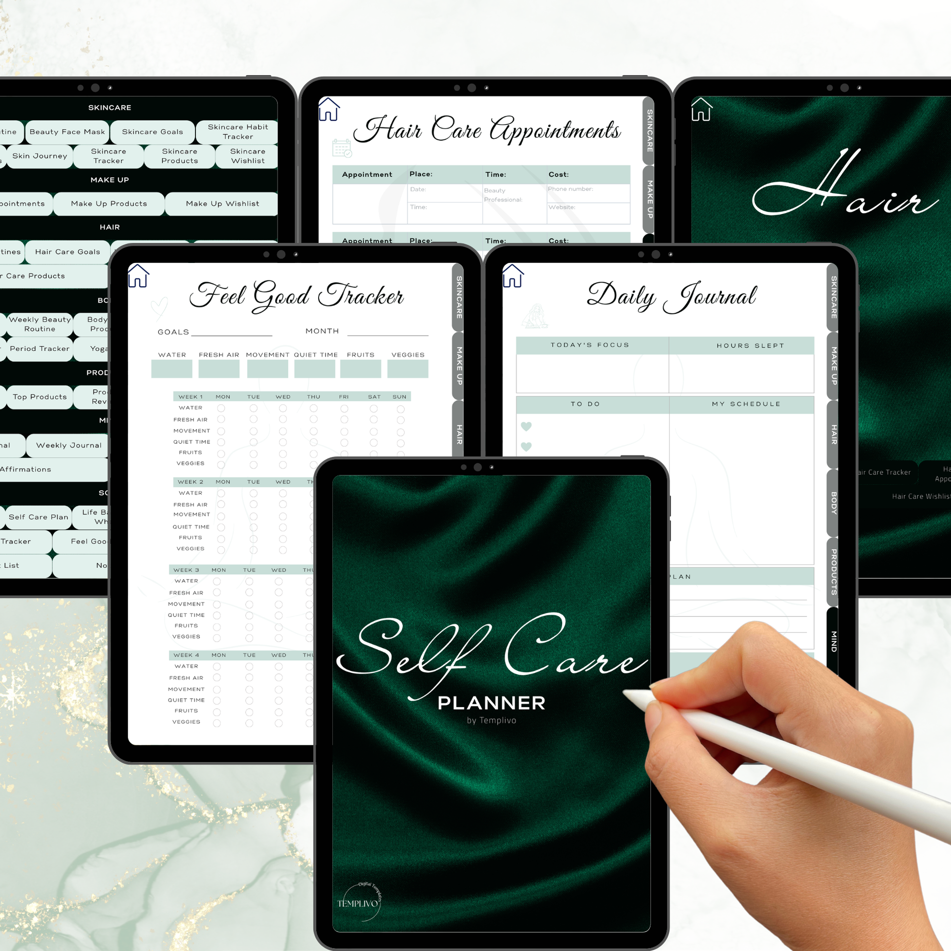 Digital Planner, self care planner, hyperlinked digital planner, self care, planner in emerald green, Planer, Selbstfürsorge, Selbstliebe, self-love planner, pdf download