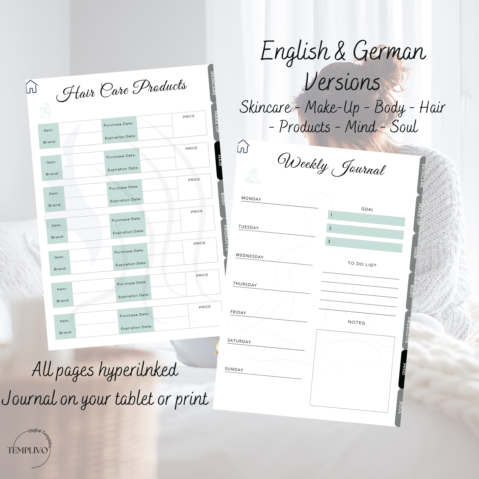 Digital Planner, self care planner, hyperlinked digital planner, self care, planner in emerald green, Planer, Selbstfürsorge, Selbstliebe, self-love planner, pdf download