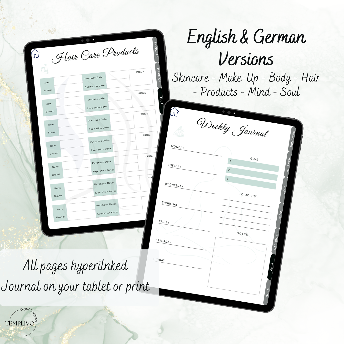 Digital Planner, self care planner, hyperlinked digital planner, self care, planner in emerald green, Planer, Selbstfürsorge, Selbstliebe, self-love planner, pdf download