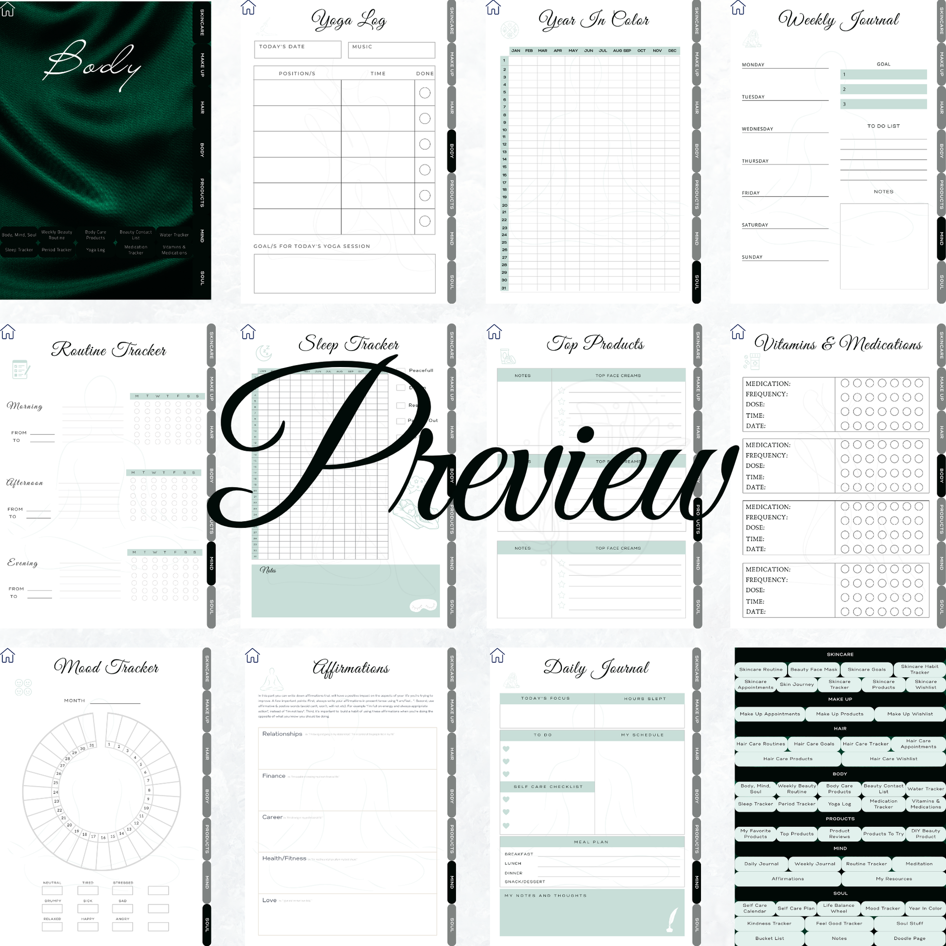 Digital Planner, self care planner, hyperlinked digital planner, self care, planner in emerald green, Planer, Selbstfürsorge, Selbstliebe, self-love planner, pdf download