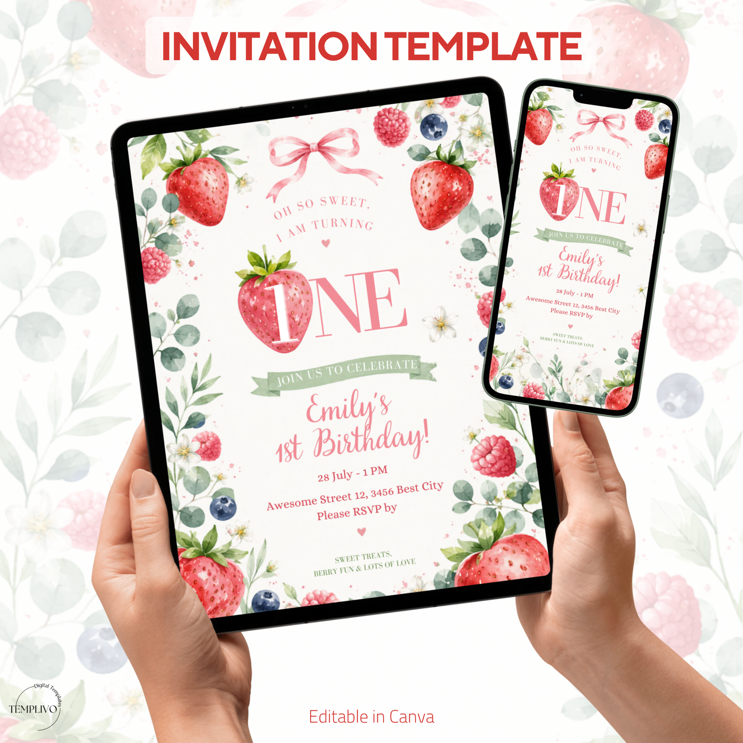So Sweet 1st birthday inivation girl, Canva invitation, canva template, birthday girl evite, Berry Birthday Invite, First Birthday Invite, Strawberry Party, Editable Canva Template, Girl Birthday Template, Berry First Birthday, Party Invite Template, Strawberry Invite, Canva Birthday Design, Editable Party Invite, First Birthday Girl, Strawberry Theme Party, Canva First Birthday