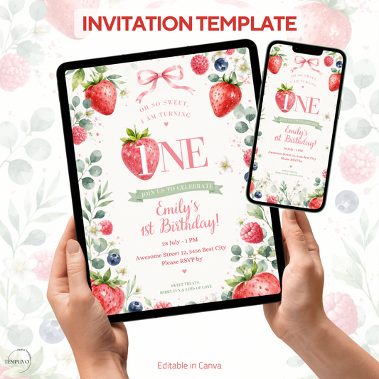 So Sweet 1st birthday inivation girl, Canva invitation, canva template, birthday girl evite, Berry Birthday Invite, First Birthday Invite, Strawberry Party, Editable Canva Template, Girl Birthday Template, Berry First Birthday, Party Invite Template, Strawberry Invite, Canva Birthday Design, Editable Party Invite, First Birthday Girl, Strawberry Theme Party, Canva First Birthday