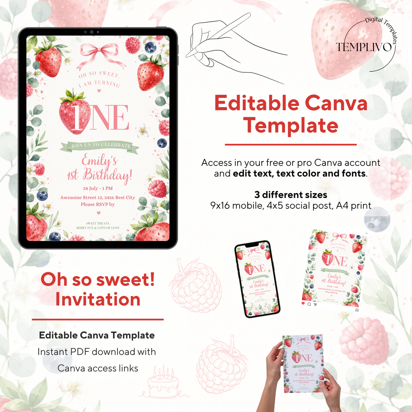 So Sweet 1st birthday inivation girl, Canva invitation, canva template, birthday girl evite, Berry Birthday Invite, First Birthday Invite, Strawberry Party, Editable Canva Template, Girl Birthday Template, Berry First Birthday, Party Invite Template, Strawberry Invite, Canva Birthday Design, Editable Party Invite, First Birthday Girl, Strawberry Theme Party, Canva First Birthday