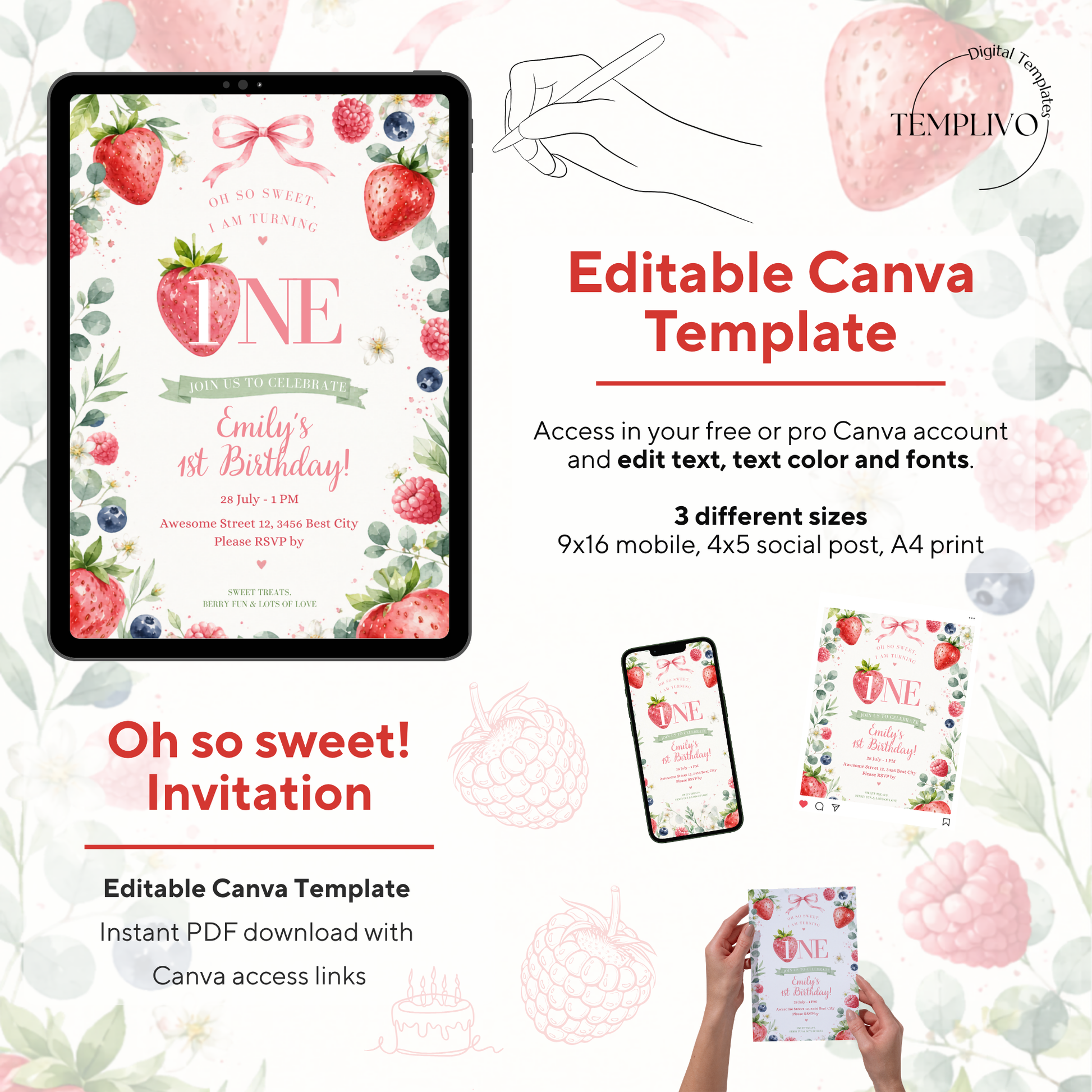 So Sweet 1st birthday inivation girl, Canva invitation, canva template, birthday girl evite, Berry Birthday Invite, First Birthday Invite, Strawberry Party, Editable Canva Template, Girl Birthday Template, Berry First Birthday, Party Invite Template, Strawberry Invite, Canva Birthday Design, Editable Party Invite, First Birthday Girl, Strawberry Theme Party, Canva First Birthday