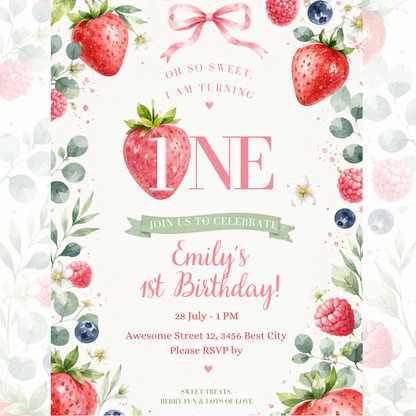 So Sweet 1st birthday inivation girl, Canva invitation, canva template, birthday girl evite, Berry Birthday Invite, First Birthday Invite, Strawberry Party, Editable Canva Template, Girl Birthday Template, Berry First Birthday, Party Invite Template, Strawberry Invite, Canva Birthday Design, Editable Party Invite, First Birthday Girl, Strawberry Theme Party, Canva First Birthday
