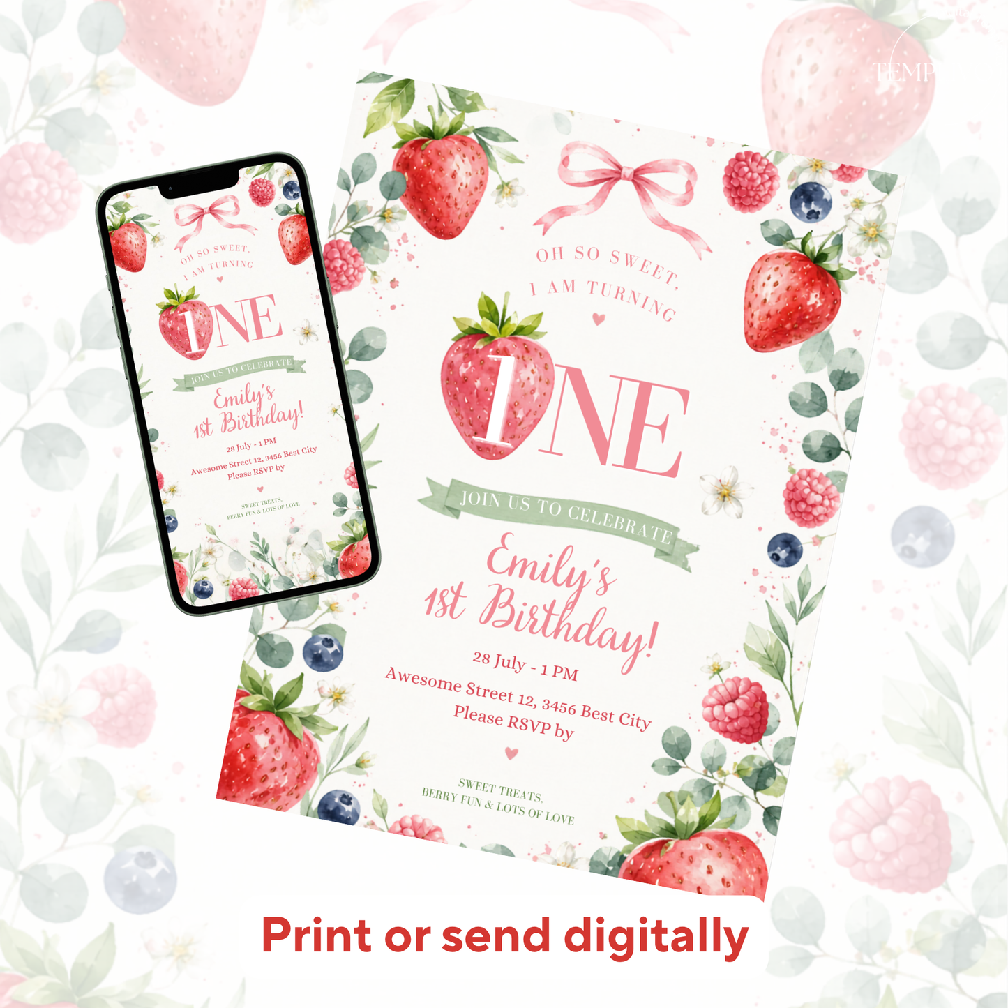 So Sweet 1st birthday inivation girl, Canva invitation, canva template, birthday girl evite, Berry Birthday Invite, First Birthday Invite, Strawberry Party, Editable Canva Template, Girl Birthday Template, Berry First Birthday, Party Invite Template, Strawberry Invite, Canva Birthday Design, Editable Party Invite, First Birthday Girl, Strawberry Theme Party, Canva First Birthday