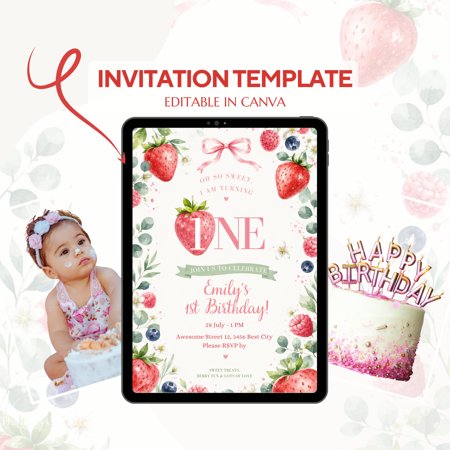 So Sweet 1st birthday inivation girl, Canva invitation, canva template, birthday girl evite, Berry Birthday Invite, First Birthday Invite, Strawberry Party, Editable Canva Template, Girl Birthday Template, Berry First Birthday, Party Invite Template, Strawberry Invite, Canva Birthday Design, Editable Party Invite, First Birthday Girl, Strawberry Theme Party, Canva First Birthday