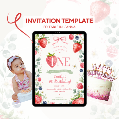 So Sweet 1st birthday inivation girl, Canva invitation, canva template, birthday girl evite, Berry Birthday Invite, First Birthday Invite, Strawberry Party, Editable Canva Template, Girl Birthday Template, Berry First Birthday, Party Invite Template, Strawberry Invite, Canva Birthday Design, Editable Party Invite, First Birthday Girl, Strawberry Theme Party, Canva First Birthday