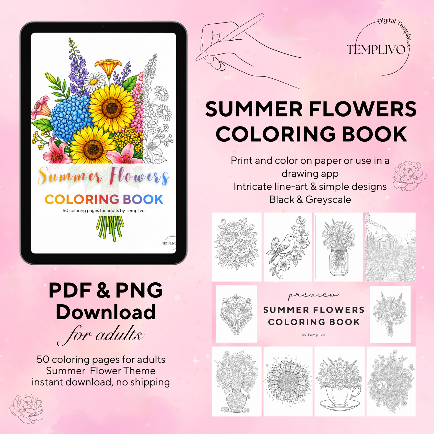 Adult coloring book, summer flowers, coloring book, floral, coloriage png, floral coloring pages, adult coloring pages, doodle colouring book, flower colouring pages png, adult coloring pages printable, adult coloring, coloring pages for adults, coloring page digital, Instant download, Intricate, High detail, Line art, best seller, grey scale, Blumen Malbuch, Sommer Blumen, fleur

