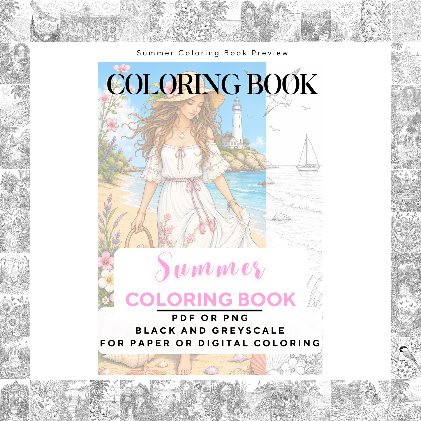 Adult coloring book, Summer coloring book, beach, livre de coloriage, pdf, png, flowers coloring pages, adult coloring pages, doodle colouring book, floral colouring pages png, adult coloring pages printable, adult coloring, coloring pages for adults, coloring page digital, Instant download, high detail and intricate, Line art, best seller, grey scale, Sommer Malvorlagen, Malbuch, Malseiten, frauen