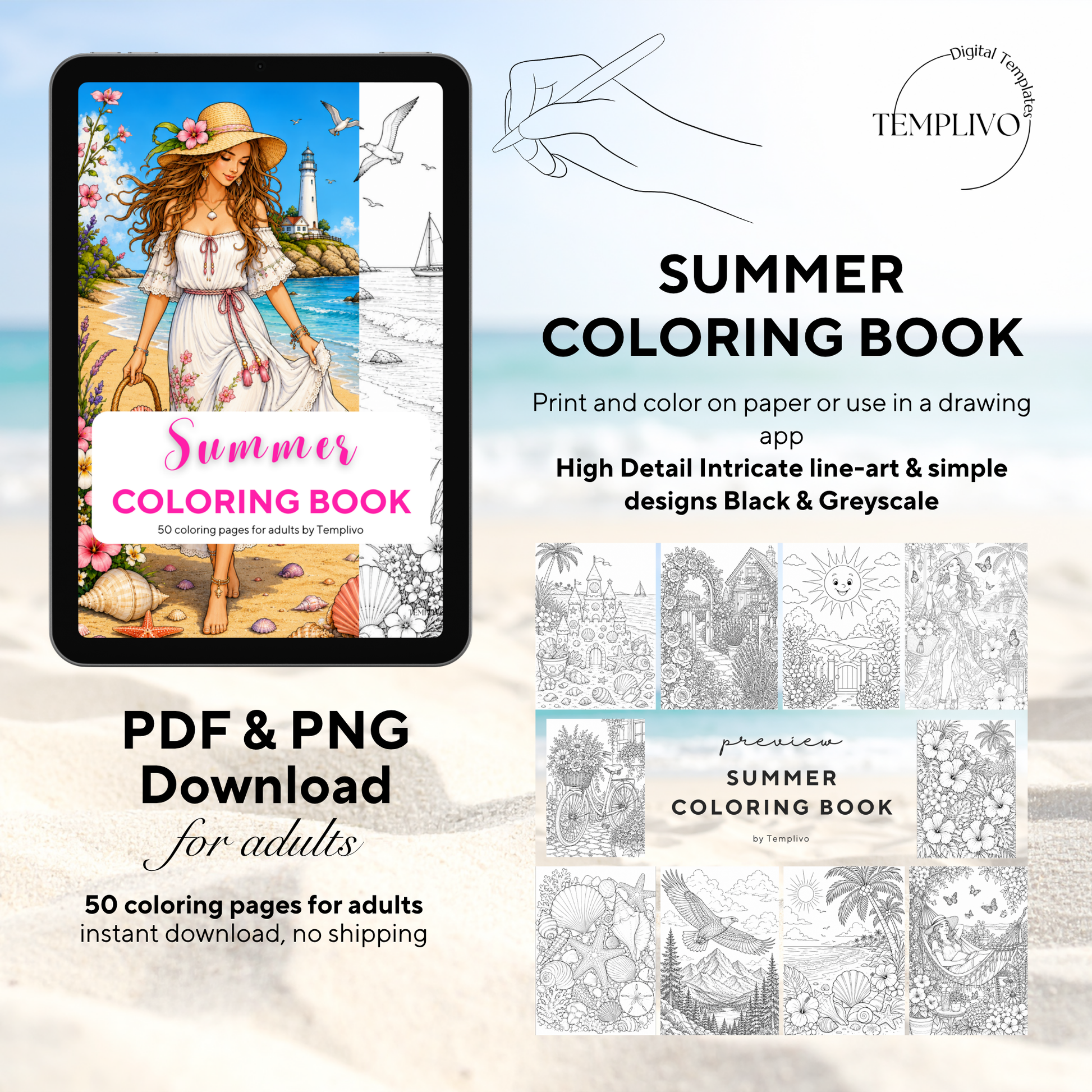Adult coloring book, Summer coloring book, beach, livre de coloriage, pdf, png, flowers coloring pages, adult coloring pages, doodle colouring book, floral colouring pages png, adult coloring pages printable, adult coloring, coloring pages for adults, coloring page digital, Instant download, high detail and intricate, Line art, best seller, grey scale, Sommer Malvorlagen, Malbuch, Malseiten, frauen