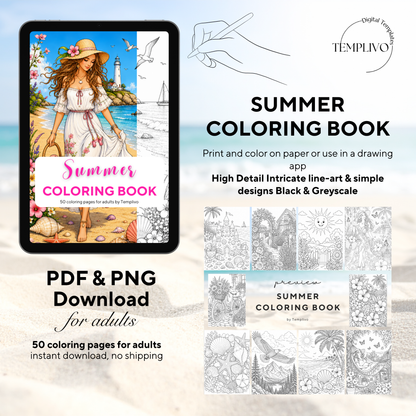 Adult coloring book, Summer coloring book, beach, livre de coloriage, pdf, png, flowers coloring pages, adult coloring pages, doodle colouring book, floral colouring pages png, adult coloring pages printable, adult coloring, coloring pages for adults, coloring page digital, Instant download, high detail and intricate, Line art, best seller, grey scale, Sommer Malvorlagen, Malbuch, Malseiten, frauen
