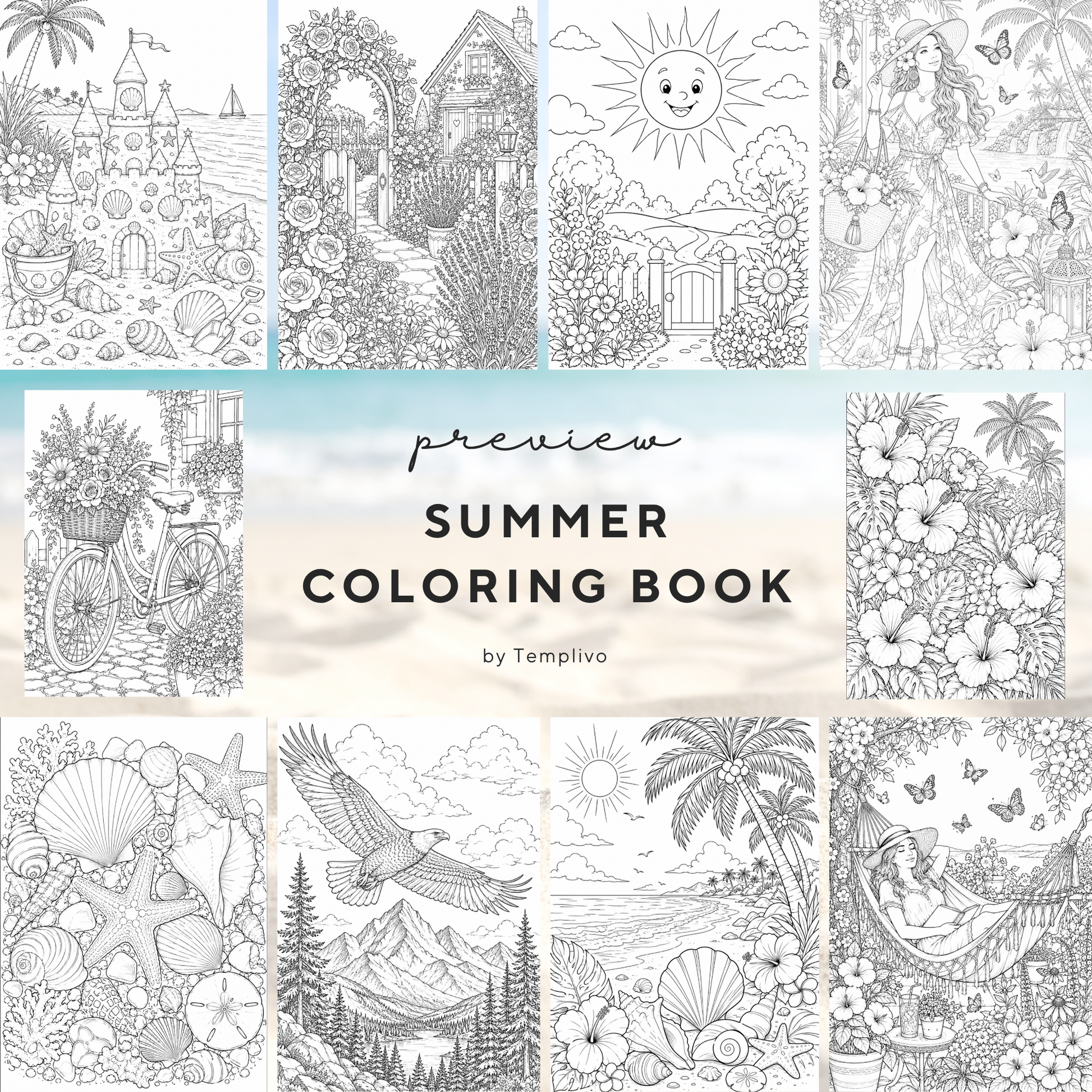 Adult coloring book, Summer coloring book, beach, livre de coloriage, pdf, png, flowers coloring pages, adult coloring pages, doodle colouring book, floral colouring pages png, adult coloring pages printable, adult coloring, coloring pages for adults, coloring page digital, Instant download, high detail and intricate, Line art, best seller, grey scale, Sommer Malvorlagen, Malbuch, Malseiten, frauen