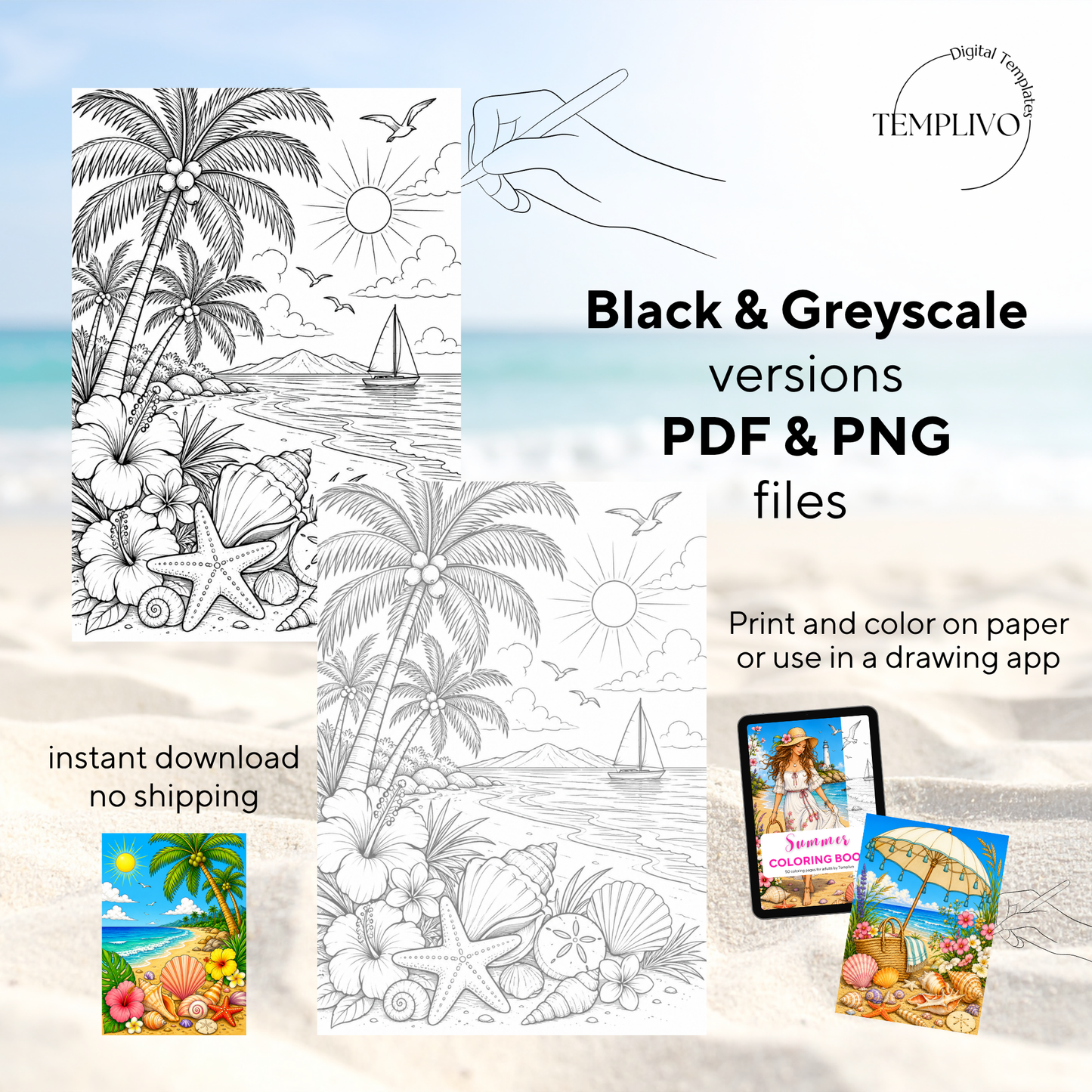 Adult coloring book, Summer coloring book, beach, livre de coloriage, pdf, png, flowers coloring pages, adult coloring pages, doodle colouring book, floral colouring pages png, adult coloring pages printable, adult coloring, coloring pages for adults, coloring page digital, Instant download, high detail and intricate, Line art, best seller, grey scale, Sommer Malvorlagen, Malbuch, Malseiten, frauen