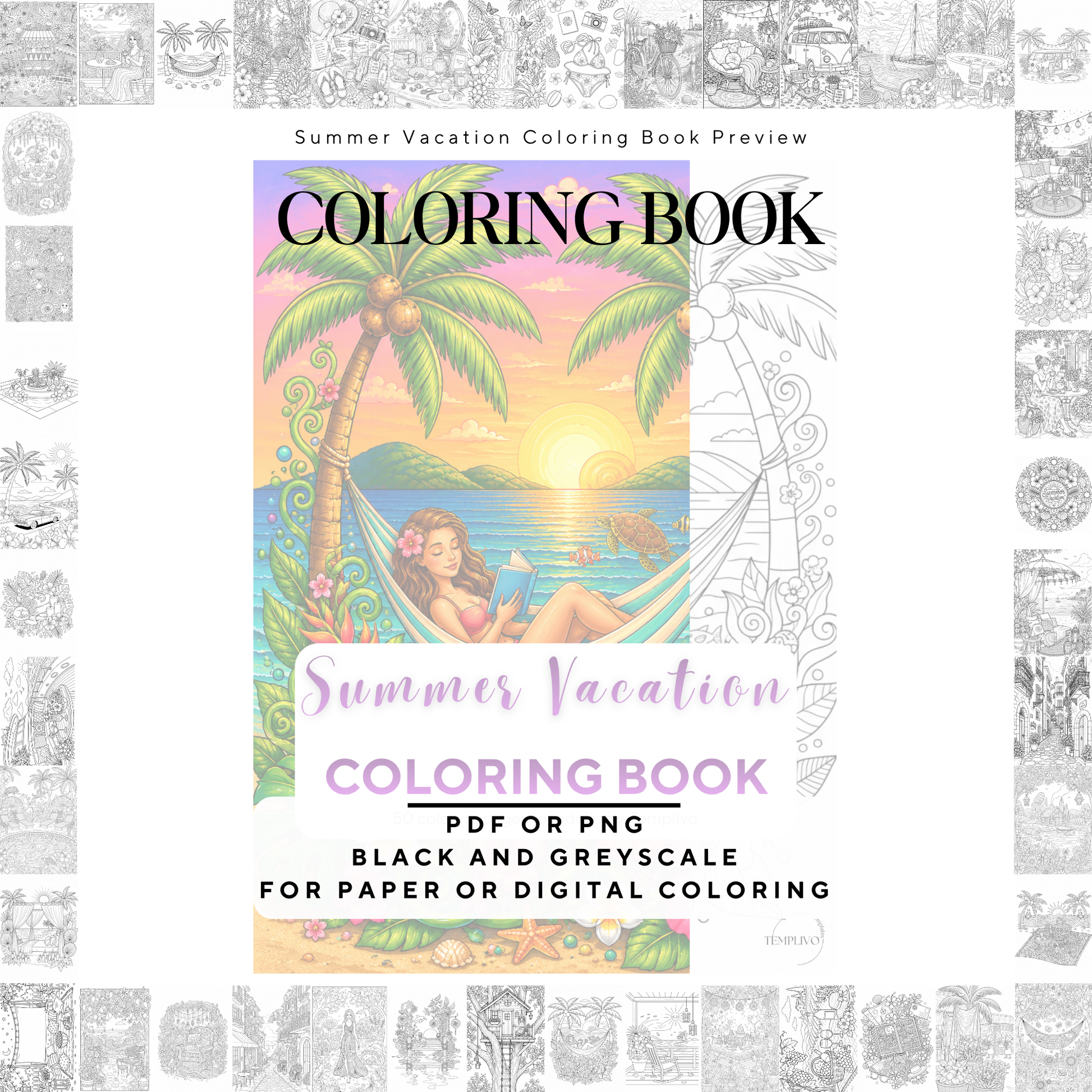 Adult coloring book, summer vacation  coloring book, summer, coloriage png, floral coloring pages, adult coloring pages, doodle colouring book, vacation colouring pages png, adult coloring pages printable, adult coloring, coloring pages for adults, coloring page digital, Instant download, Intricate, High detail, Line art, best seller, grey scale, summer vacation, Malbuch, Malseiten