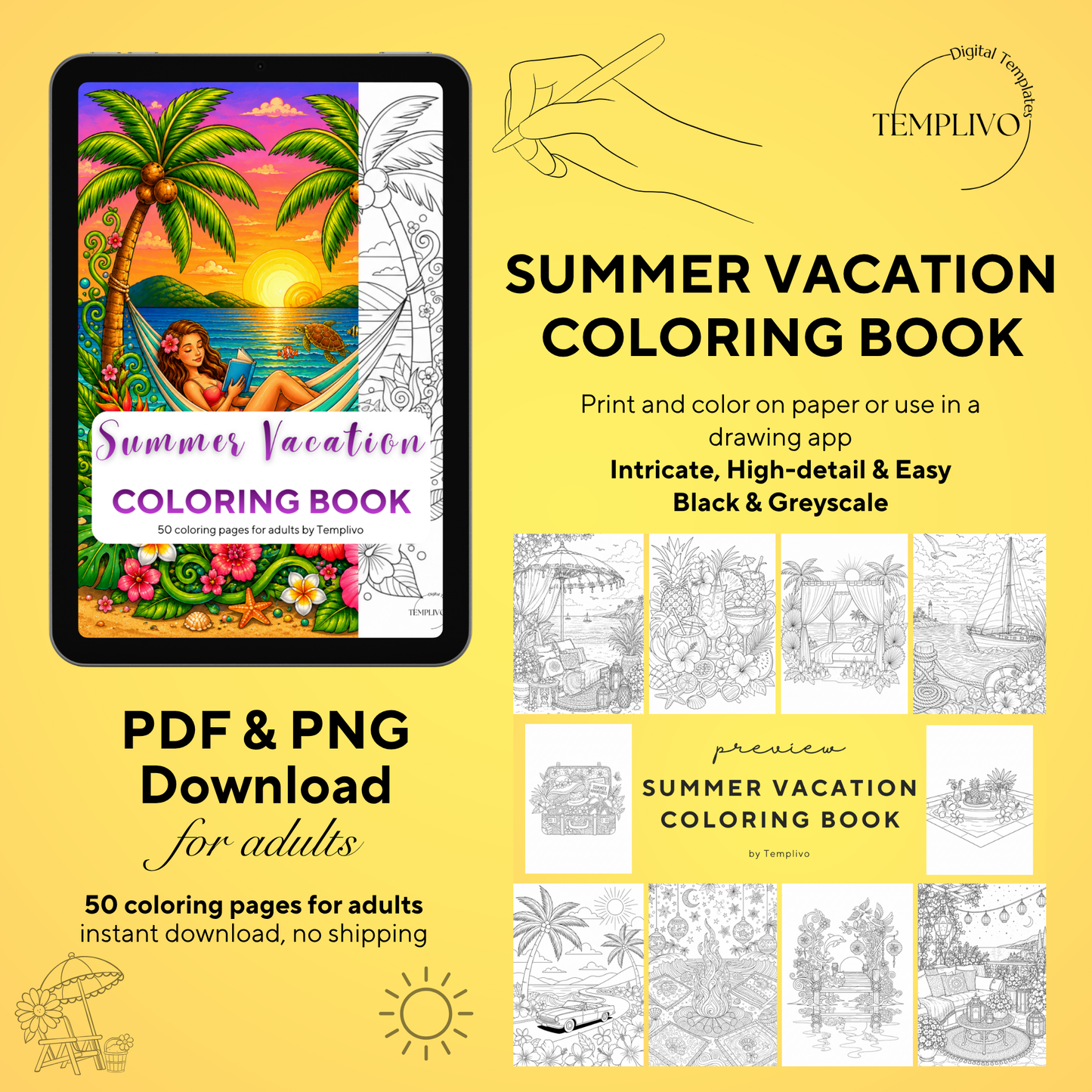 Adult coloring book, summer vacation  coloring book, summer, coloriage png, floral coloring pages, adult coloring pages, doodle colouring book, vacation colouring pages png, adult coloring pages printable, adult coloring, coloring pages for adults, coloring page digital, Instant download, Intricate, High detail, Line art, best seller, grey scale, summer vacation, Malbuch, Malseiten