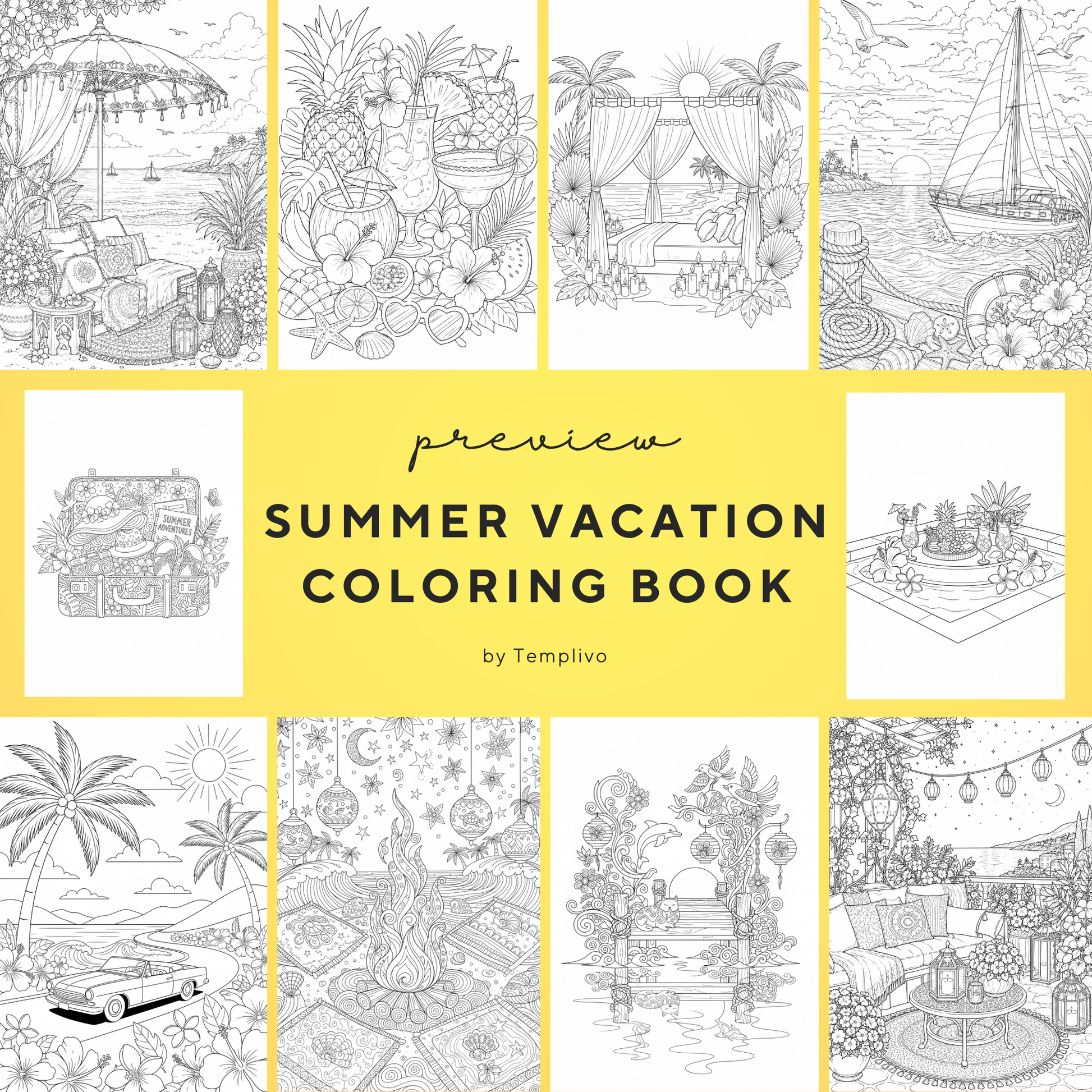 Adult coloring book, summer vacation  coloring book, summer, coloriage png, floral coloring pages, adult coloring pages, doodle colouring book, vacation colouring pages png, adult coloring pages printable, adult coloring, coloring pages for adults, coloring page digital, Instant download, Intricate, High detail, Line art, best seller, grey scale, summer vacation, Malbuch, Malseiten