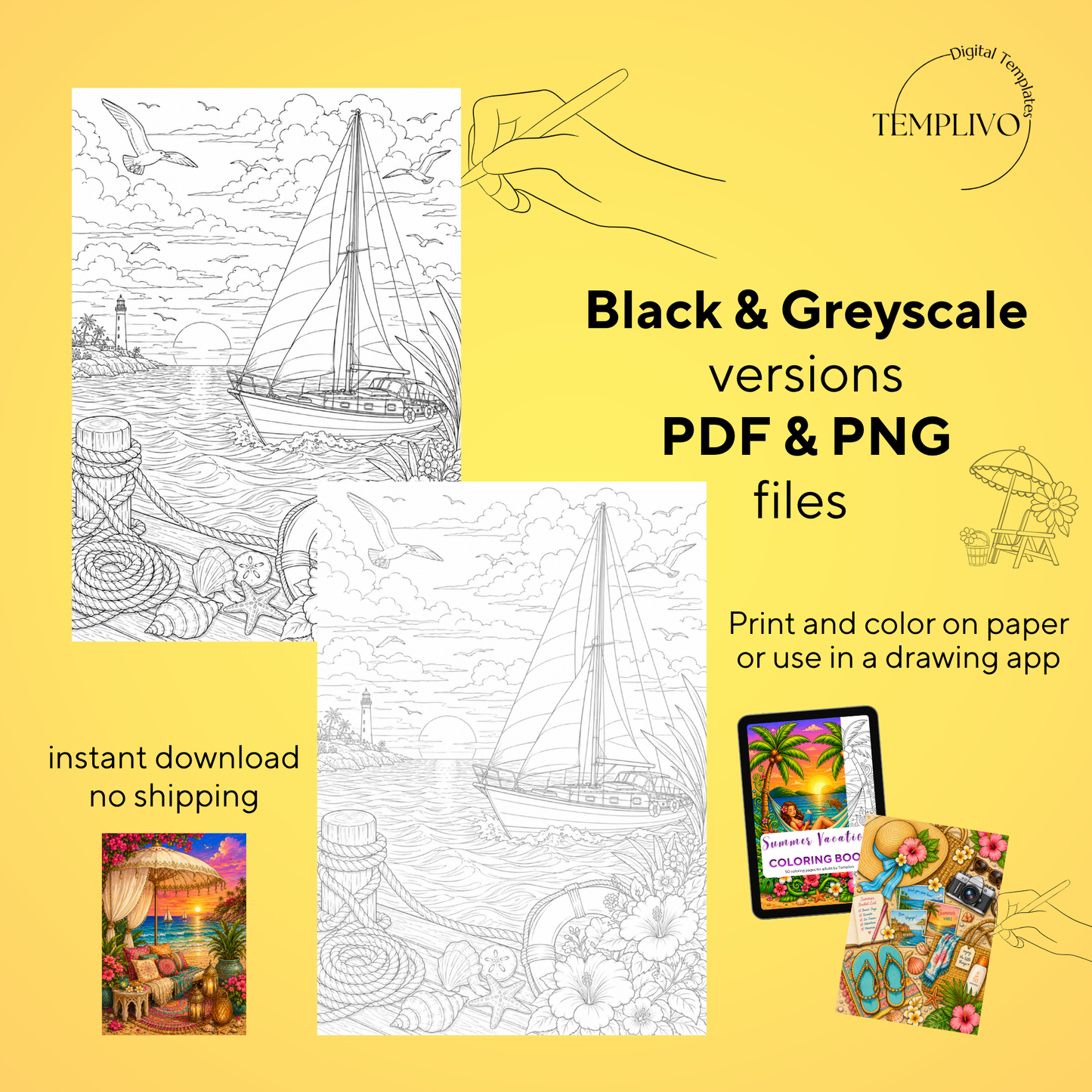 Adult coloring book, summer vacation  coloring book, summer, coloriage png, floral coloring pages, adult coloring pages, doodle colouring book, vacation colouring pages png, adult coloring pages printable, adult coloring, coloring pages for adults, coloring page digital, Instant download, Intricate, High detail, Line art, best seller, grey scale, summer vacation, Malbuch, Malseiten