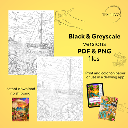 Adult coloring book, summer vacation  coloring book, summer, coloriage png, floral coloring pages, adult coloring pages, doodle colouring book, vacation colouring pages png, adult coloring pages printable, adult coloring, coloring pages for adults, coloring page digital, Instant download, Intricate, High detail, Line art, best seller, grey scale, summer vacation, Malbuch, Malseiten