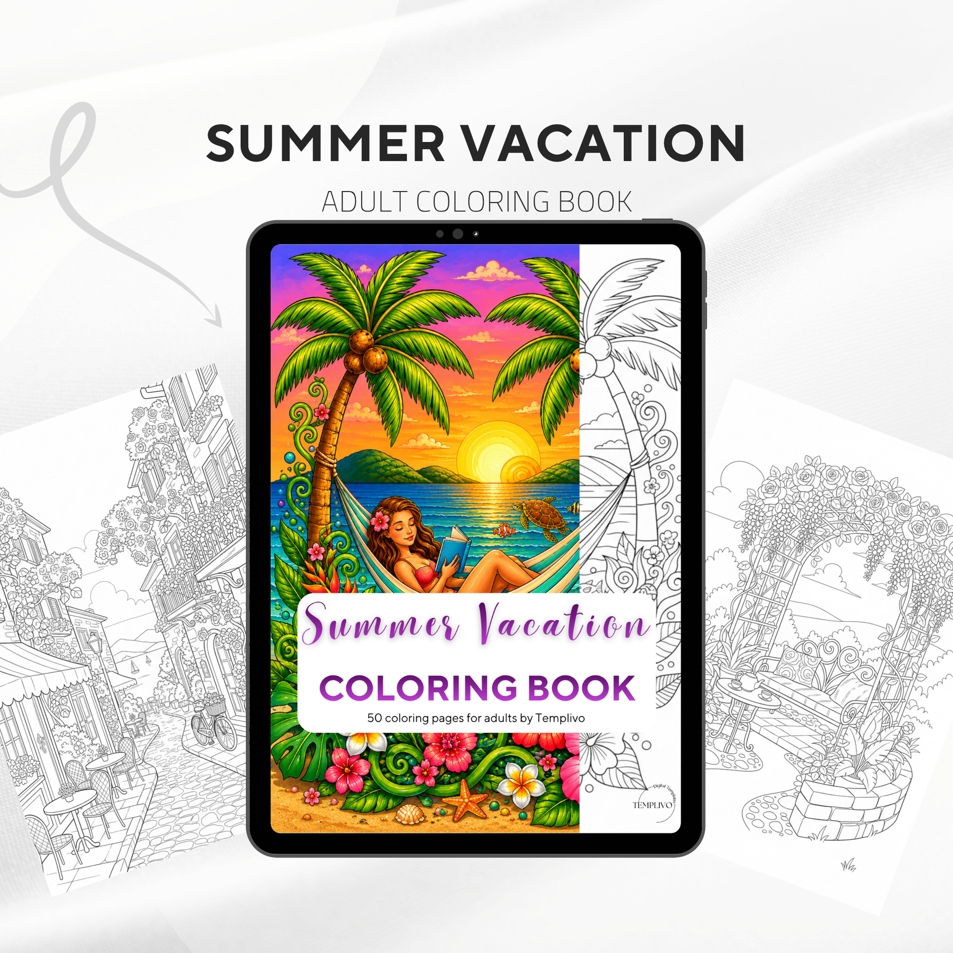 Adult coloring book, summer vacation  coloring book, summer, coloriage png, floral coloring pages, adult coloring pages, doodle colouring book, vacation colouring pages png, adult coloring pages printable, adult coloring, coloring pages for adults, coloring page digital, Instant download, Intricate, High detail, Line art, best seller, grey scale, summer vacation, Malbuch, Malseiten