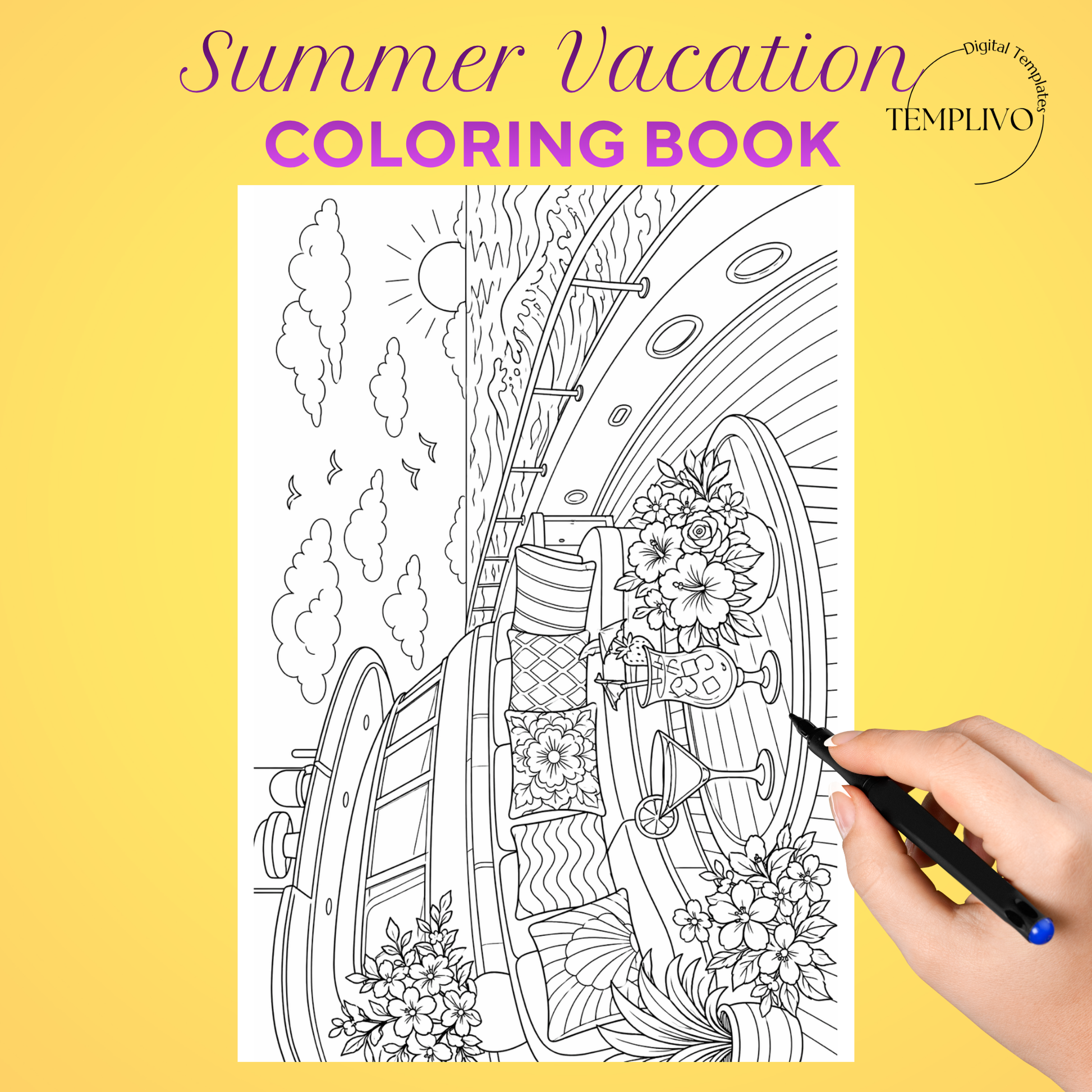 Adult coloring book, summer vacation  coloring book, summer, coloriage png, floral coloring pages, adult coloring pages, doodle colouring book, vacation colouring pages png, adult coloring pages printable, adult coloring, coloring pages for adults, coloring page digital, Instant download, Intricate, High detail, Line art, best seller, grey scale, summer vacation, Malbuch, Malseiten