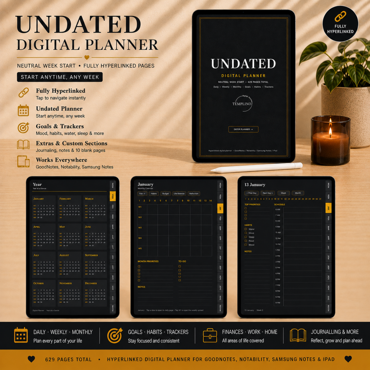 Undated Digital Planner, neutral week  start, dark mode, perpetual calendar, Digitaler Planer, Digital Planner, portrait orientation, planner, Digital planner,  journal for samsung notes, goodnotes and ipad, daily, weekly and monthly pages with lifestyle templates, daily planner, weekly planner, monthly planner, digital planner, goodnotes planner, dunkelmodeus, notebook, adhd planner, hyperlinked, digital download,  digitaler planer, digitale agenda, digital notebook, planificateur