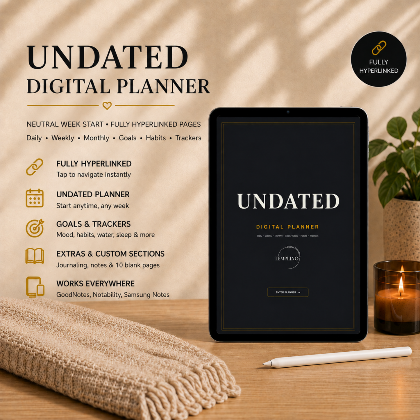 Undated Digital Planner, neutral week  start, dark mode, perpetual calendar, Digitaler Planer, Digital Planner, portrait orientation, planner, Digital planner,  journal for samsung notes, goodnotes and ipad, daily, weekly and monthly pages with lifestyle templates, daily planner, weekly planner, monthly planner, digital planner, goodnotes planner, dunkelmodeus, notebook, adhd planner, hyperlinked, digital download,  digitaler planer, digitale agenda, digital notebook, planificateur