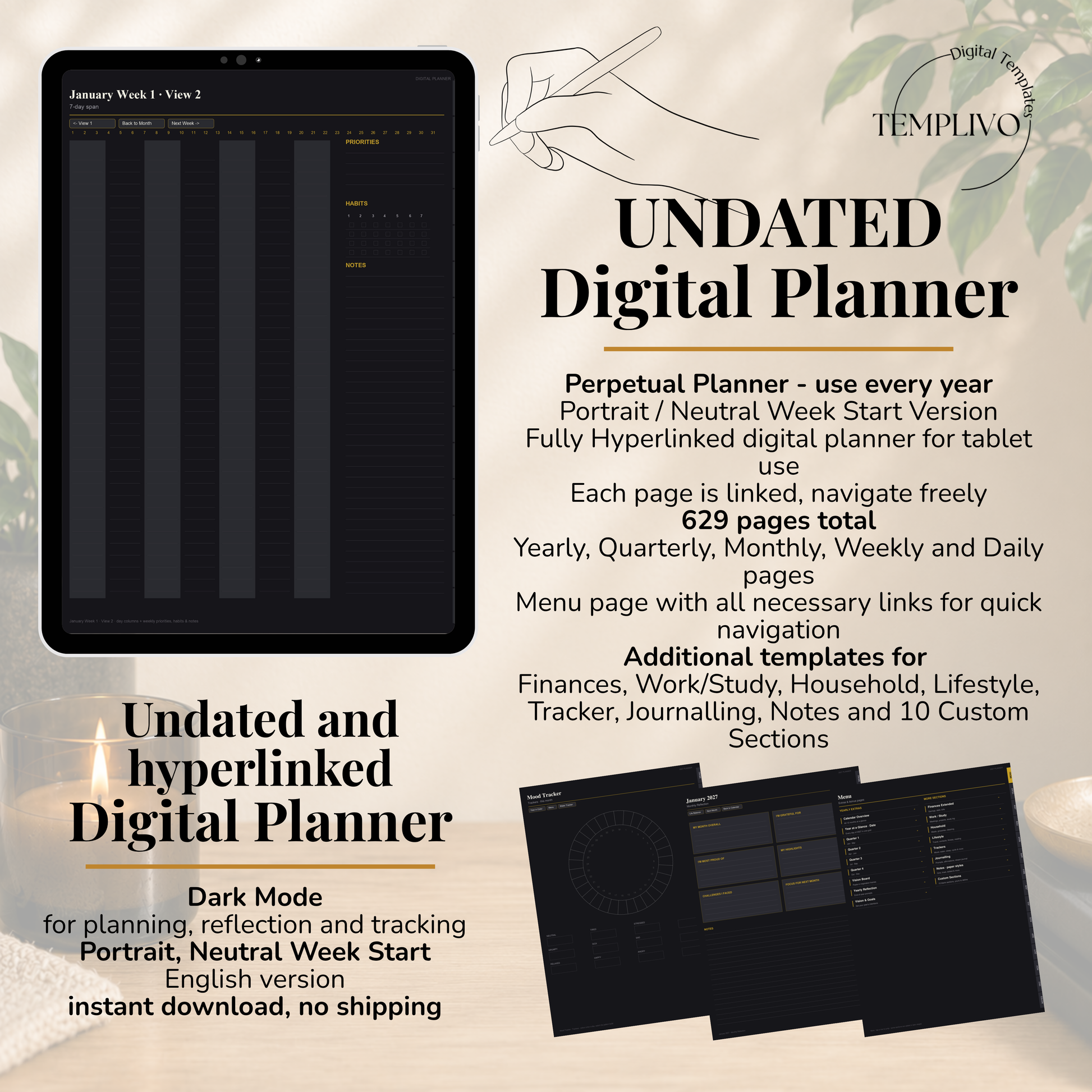 Undated Digital Planner, neutral week  start, dark mode, perpetual calendar, Digitaler Planer, Digital Planner, portrait orientation, planner, Digital planner,  journal for samsung notes, goodnotes and ipad, daily, weekly and monthly pages with lifestyle templates, daily planner, weekly planner, monthly planner, digital planner, goodnotes planner, dunkelmodeus, notebook, adhd planner, hyperlinked, digital download,  digitaler planer, digitale agenda, digital notebook, planificateur