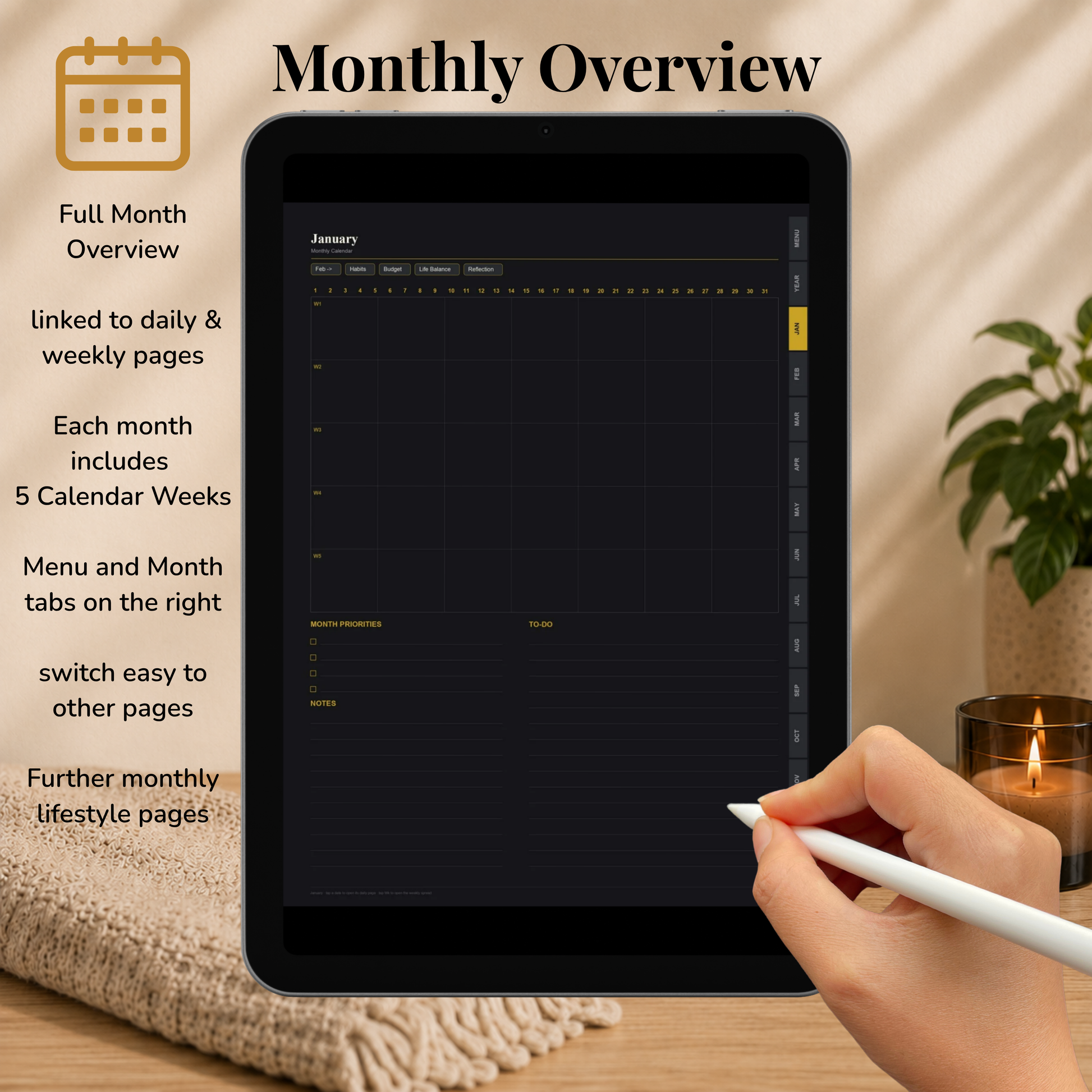 Undated Digital Planner, neutral week  start, dark mode, perpetual calendar, Digitaler Planer, Digital Planner, portrait orientation, planner, Digital planner,  journal for samsung notes, goodnotes and ipad, daily, weekly and monthly pages with lifestyle templates, daily planner, weekly planner, monthly planner, digital planner, goodnotes planner, dunkelmodeus, notebook, adhd planner, hyperlinked, digital download,  digitaler planer, digitale agenda, digital notebook, planificateur