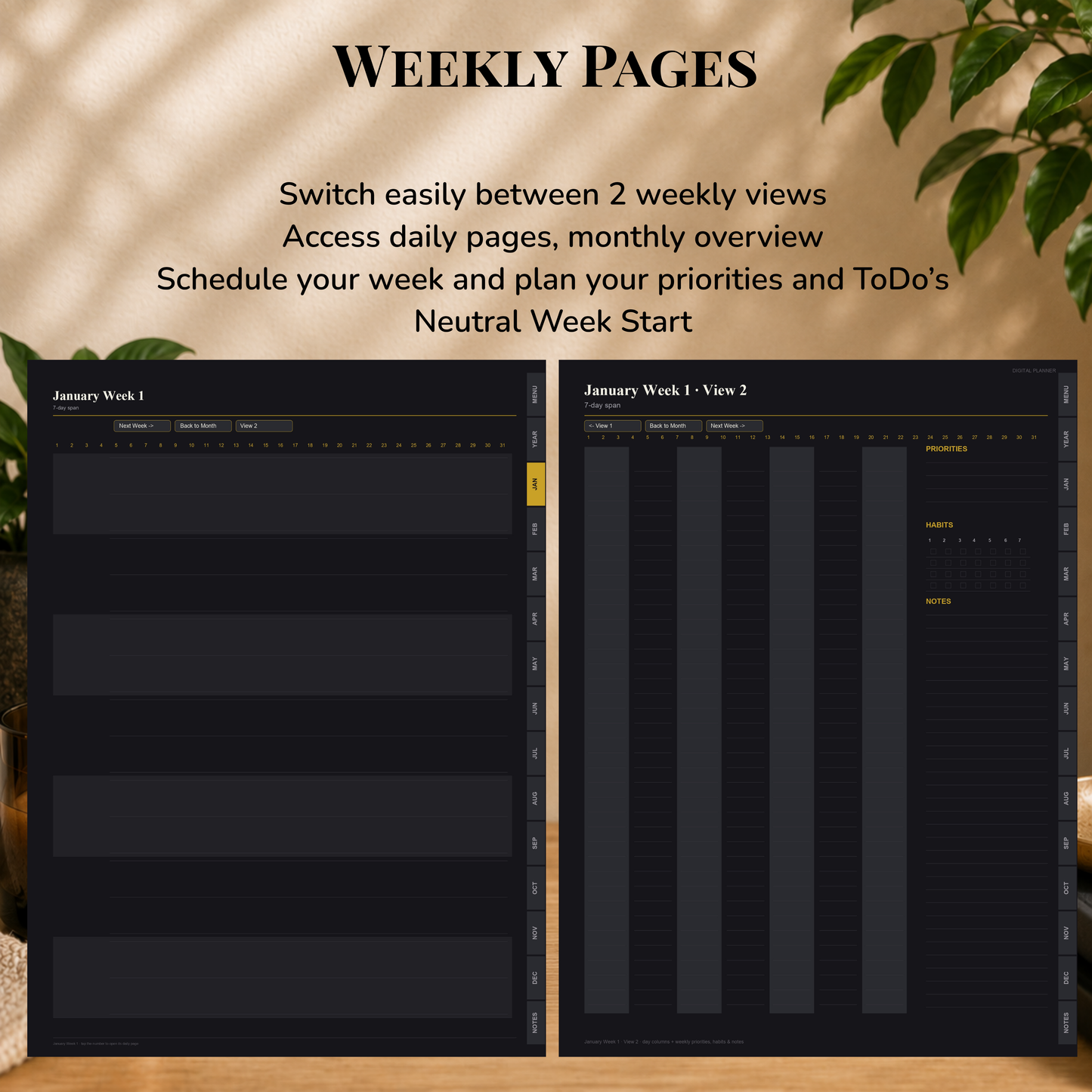 Undated Digital Planner, neutral week  start, dark mode, perpetual calendar, Digitaler Planer, Digital Planner, portrait orientation, planner, Digital planner,  journal for samsung notes, goodnotes and ipad, daily, weekly and monthly pages with lifestyle templates, daily planner, weekly planner, monthly planner, digital planner, goodnotes planner, dunkelmodeus, notebook, adhd planner, hyperlinked, digital download,  digitaler planer, digitale agenda, digital notebook, planificateur