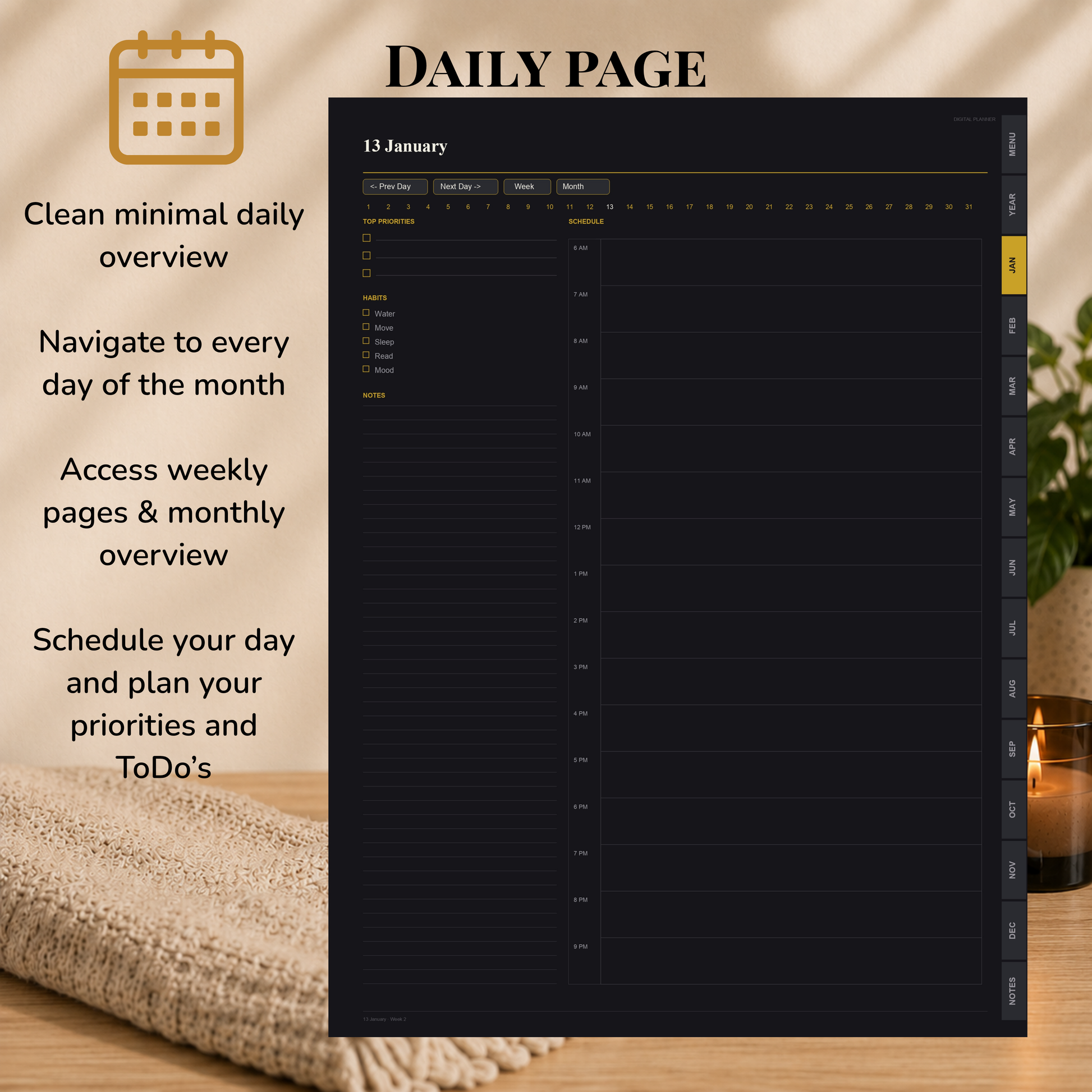 Undated Digital Planner, neutral week  start, dark mode, perpetual calendar, Digitaler Planer, Digital Planner, portrait orientation, planner, Digital planner,  journal for samsung notes, goodnotes and ipad, daily, weekly and monthly pages with lifestyle templates, daily planner, weekly planner, monthly planner, digital planner, goodnotes planner, dunkelmodeus, notebook, adhd planner, hyperlinked, digital download,  digitaler planer, digitale agenda, digital notebook, planificateur