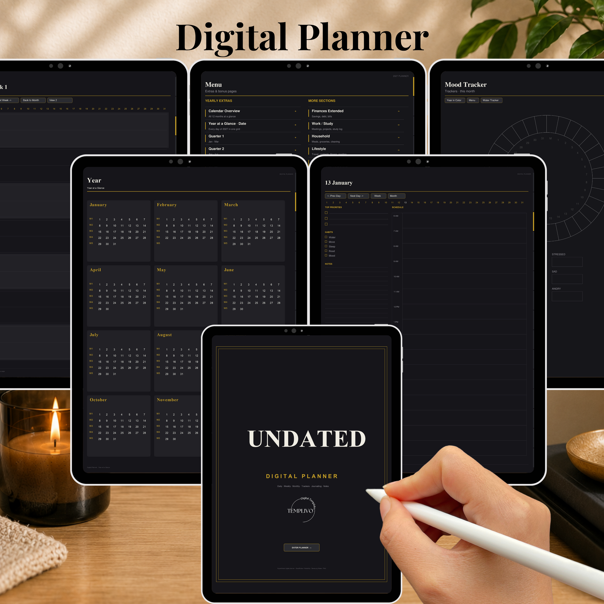 Undated Digital Planner, neutral week  start, dark mode, perpetual calendar, Digitaler Planer, Digital Planner, portrait orientation, planner, Digital planner,  journal for samsung notes, goodnotes and ipad, daily, weekly and monthly pages with lifestyle templates, daily planner, weekly planner, monthly planner, digital planner, goodnotes planner, dunkelmodeus, notebook, adhd planner, hyperlinked, digital download,  digitaler planer, digitale agenda, digital notebook, planificateur