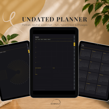 Undated Digital Planner, neutral week  start, dark mode, perpetual calendar, Digitaler Planer, Digital Planner, portrait orientation, planner, Digital planner,  journal for samsung notes, goodnotes and ipad, daily, weekly and monthly pages with lifestyle templates, daily planner, weekly planner, monthly planner, digital planner, goodnotes planner, dunkelmodeus, notebook, adhd planner, hyperlinked, digital download,  digitaler planer, digitale agenda, digital notebook, planificateur