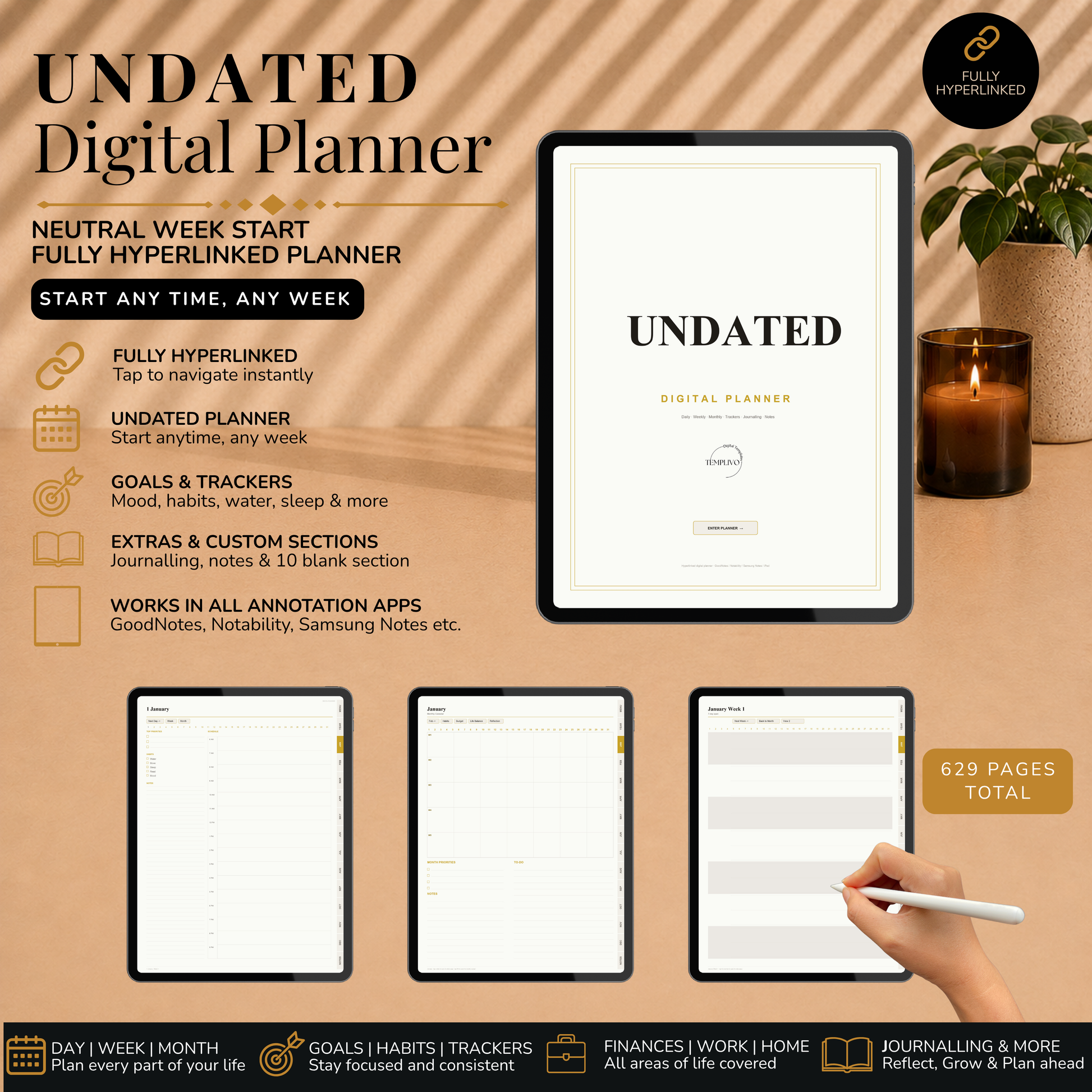 Undated Digital Planner, neutral week start, light mode, perpetual calendar, Digitaler Planer hell, Digital Planner, portrait orientation, planner, Digital planner,  journal for samsung notes, goodnotes and ipad, daily, weekly and monthly pages with lifestyle templates, daily planner, weekly planner, monthly planner, digital planner, goodnotes planner, hell modus, notebook, adhd planner, hyperlinked, digital download,  digitaler planer, digitale agenda, digital notebook, planificateur