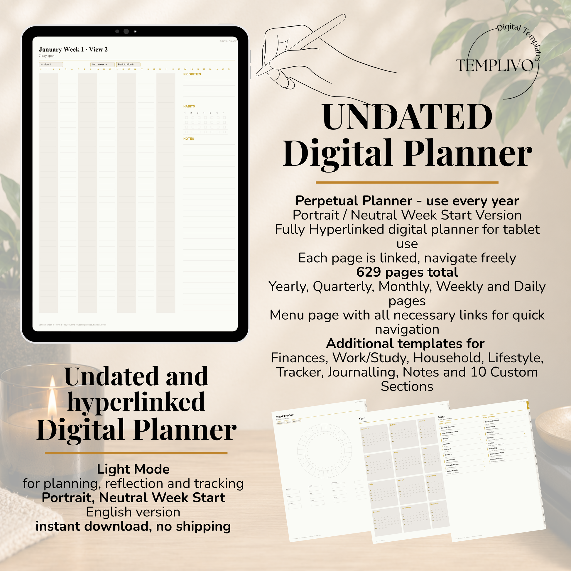 Undated Digital Planner, neutral week start, light mode, perpetual calendar, Digitaler Planer hell, Digital Planner, portrait orientation, planner, Digital planner,  journal for samsung notes, goodnotes and ipad, daily, weekly and monthly pages with lifestyle templates, daily planner, weekly planner, monthly planner, digital planner, goodnotes planner, hell modus, notebook, adhd planner, hyperlinked, digital download,  digitaler planer, digitale agenda, digital notebook, planificateur