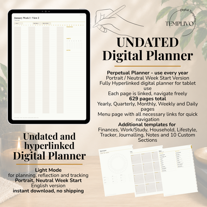 Undated Digital Planner, neutral week start, light mode, perpetual calendar, Digitaler Planer hell, Digital Planner, portrait orientation, planner, Digital planner,  journal for samsung notes, goodnotes and ipad, daily, weekly and monthly pages with lifestyle templates, daily planner, weekly planner, monthly planner, digital planner, goodnotes planner, hell modus, notebook, adhd planner, hyperlinked, digital download,  digitaler planer, digitale agenda, digital notebook, planificateur