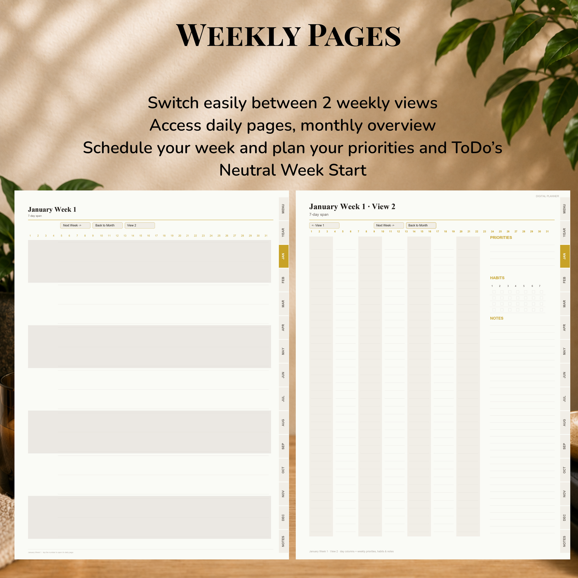 Undated Digital Planner, neutral week start, light mode, perpetual calendar, Digitaler Planer hell, Digital Planner, portrait orientation, planner, Digital planner,  journal for samsung notes, goodnotes and ipad, daily, weekly and monthly pages with lifestyle templates, daily planner, weekly planner, monthly planner, digital planner, goodnotes planner, hell modus, notebook, adhd planner, hyperlinked, digital download,  digitaler planer, digitale agenda, digital notebook, planificateur