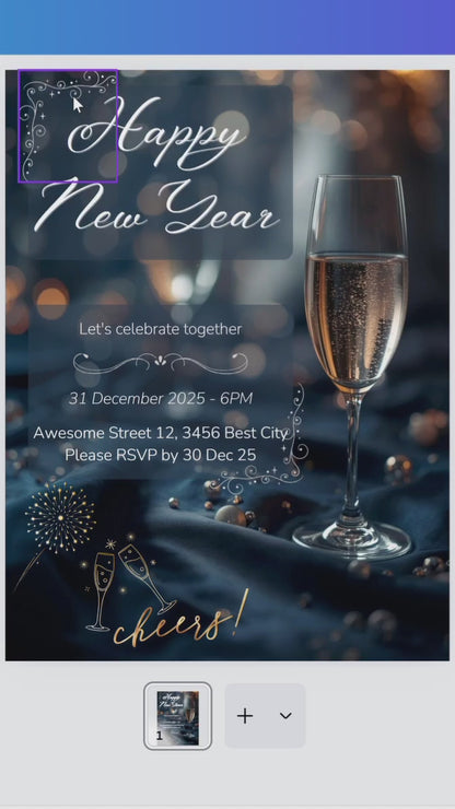 New Year Party Invitation, Canva template,  Canva invitation, editable invitation, New Year's eve Party, New Year Dinner, Sylvester, Sylvester Party Einladung, Canva Einladung, Invitation à la fête du Nouvel An, Einladung, Invitation, canva