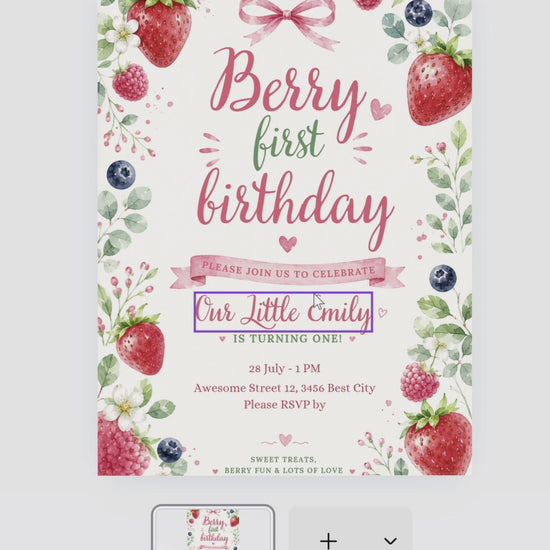 Berry First Birthday, Canva invitation, canva template, birthday girl evite, Berry Birthday Invite, First Birthday Invite, Strawberry Party, Editable Canva Template, Girl Birthday Template, Berry First Birthday, Party Invite Template, Strawberry Invite, Canva Birthday Design, Editable Party Invite, First Birthday Girl, Strawberry Theme Party, Canva First Birthday