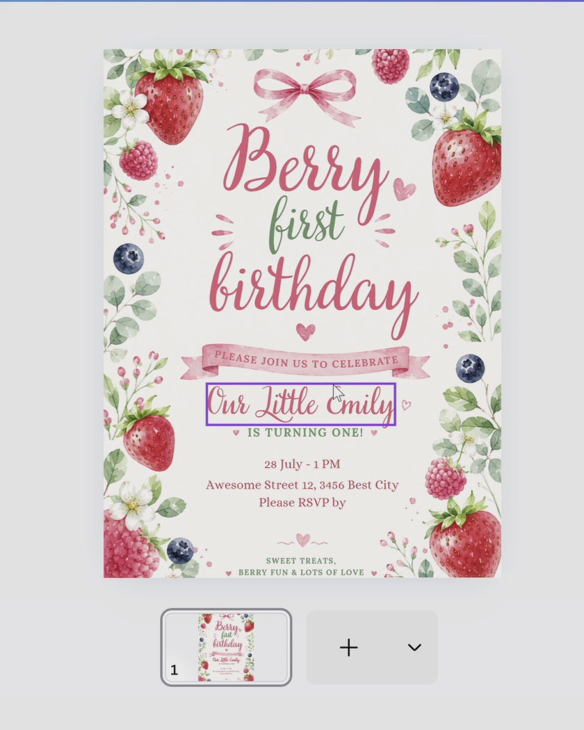Berry First Birthday, Canva invitation, canva template, birthday girl evite, Berry Birthday Invite, First Birthday Invite, Strawberry Party, Editable Canva Template, Girl Birthday Template, Berry First Birthday, Party Invite Template, Strawberry Invite, Canva Birthday Design, Editable Party Invite, First Birthday Girl, Strawberry Theme Party, Canva First Birthday