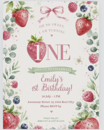So Sweet 1st birthday inivation girl, Canva invitation, canva template, birthday girl evite, Berry Birthday Invite, First Birthday Invite, Strawberry Party, Editable Canva Template, Girl Birthday Template, Berry First Birthday, Party Invite Template, Strawberry Invite, Canva Birthday Design, Editable Party Invite, First Birthday Girl, Strawberry Theme Party, Canva First Birthday