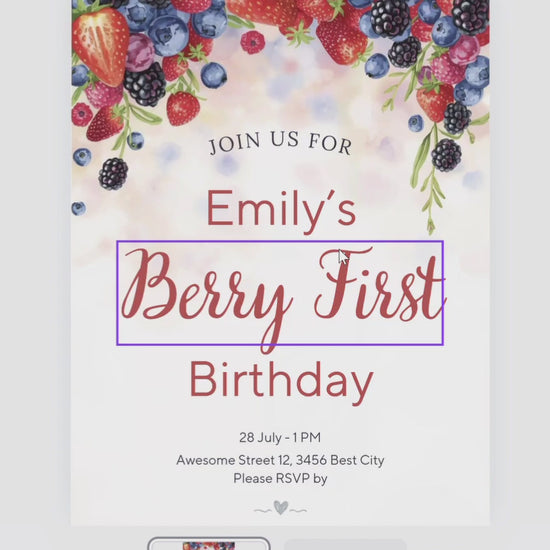 Berry First Birthday invitation, Canva invitation, canva template, birthday girl evite, Berry Birthday Invite, First Birthday Invite, Strawberry Party, Editable Canva Template, Girl Birthday Template, Berry First Birthday, Party Invite Template, Strawberry Invitation, 1st birthday girl, girl first birthday, birthday invitation, digital invitation, invitation templates, 1st birthday invite, strawberry birthday, 1st birthday party, berry 1st birthday, instant download