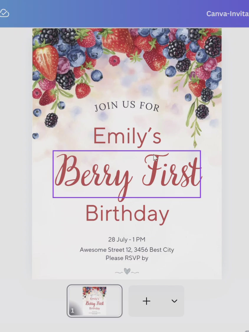 Berry First Birthday invitation, Canva invitation, canva template, birthday girl evite, Berry Birthday Invite, First Birthday Invite, Strawberry Party, Editable Canva Template, Girl Birthday Template, Berry First Birthday, Party Invite Template, Strawberry Invitation, 1st birthday girl, girl first birthday, birthday invitation, digital invitation, invitation templates, 1st birthday invite, strawberry birthday, 1st birthday party, berry 1st birthday, instant download
